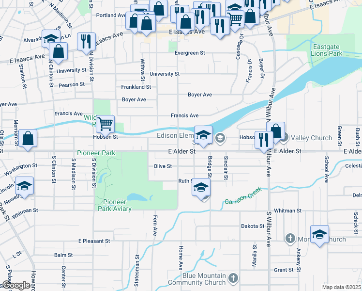 map of restaurants, bars, coffee shops, grocery stores, and more near 307 South Roosevelt Street in Walla Walla