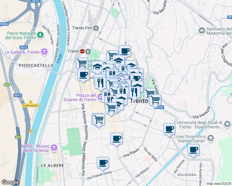 map of restaurants, bars, coffee shops, grocery stores, and more near 5 Via Carlo Dordi in Trento