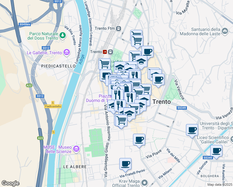 map of restaurants, bars, coffee shops, grocery stores, and more near 40 Piazza del Duomo in Trento