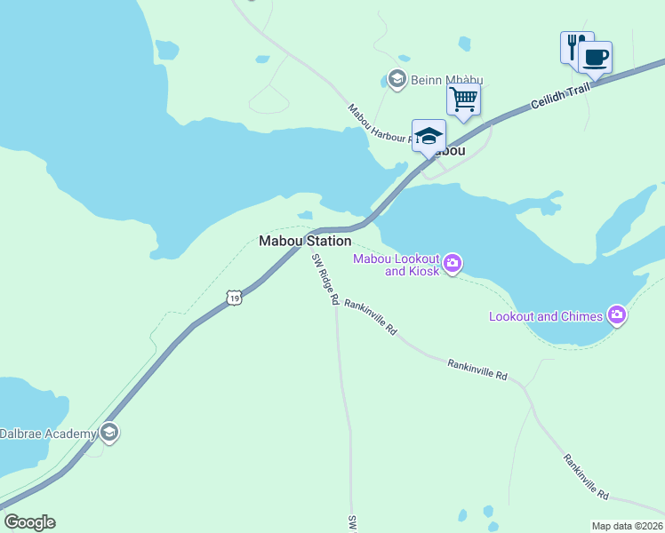 map of restaurants, bars, coffee shops, grocery stores, and more near 38 Southwest Ridge Road in Mabou