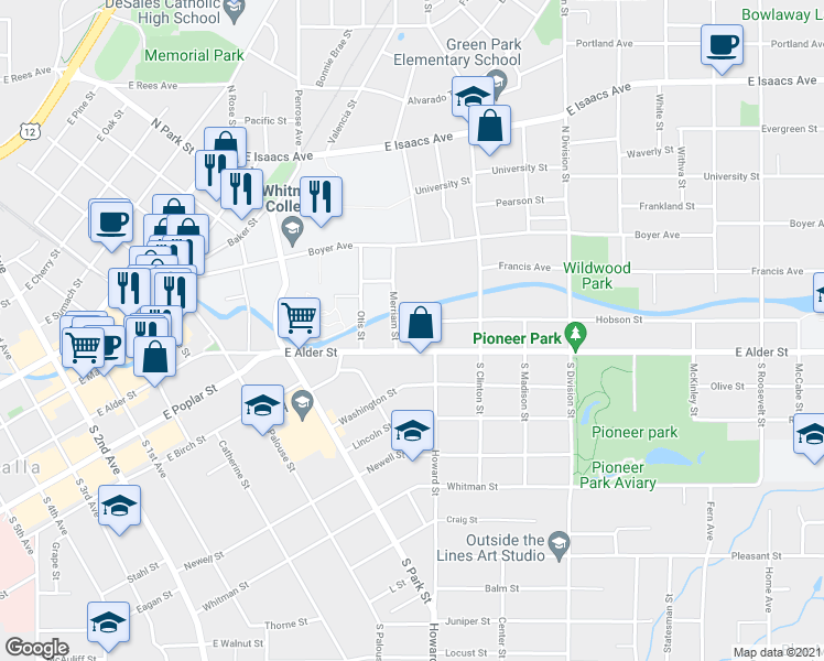 map of restaurants, bars, coffee shops, grocery stores, and more near 612 Hobson Street in Walla Walla