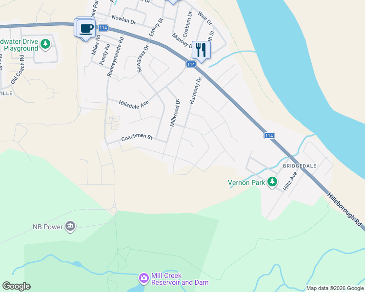 map of restaurants, bars, coffee shops, grocery stores, and more near 99 Harmony Drive in Riverview
