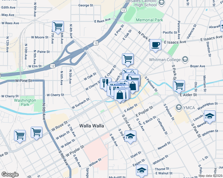 map of restaurants, bars, coffee shops, grocery stores, and more near 128 North 2nd Avenue in Walla Walla
