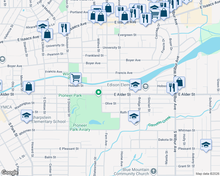 map of restaurants, bars, coffee shops, grocery stores, and more near 1121 East Alder Street in Walla Walla
