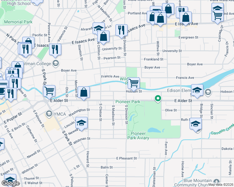 map of restaurants, bars, coffee shops, grocery stores, and more near 910 Hobson Street in Walla Walla