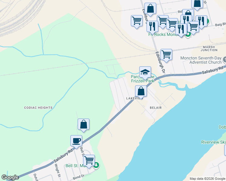 map of restaurants, bars, coffee shops, grocery stores, and more near in Moncton