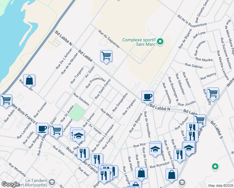 map of restaurants, bars, coffee shops, grocery stores, and more near 68 Rue Paré in Victoriaville