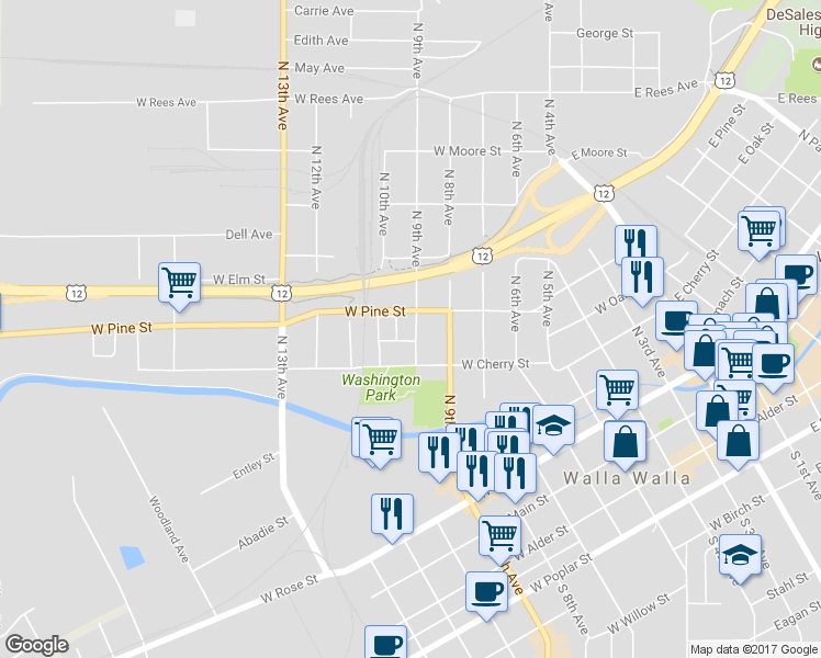 map of restaurants, bars, coffee shops, grocery stores, and more near 535 Cayuse Street in Walla Walla