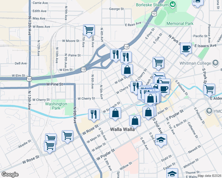 map of restaurants, bars, coffee shops, grocery stores, and more near 209 North 4th Avenue in Walla Walla