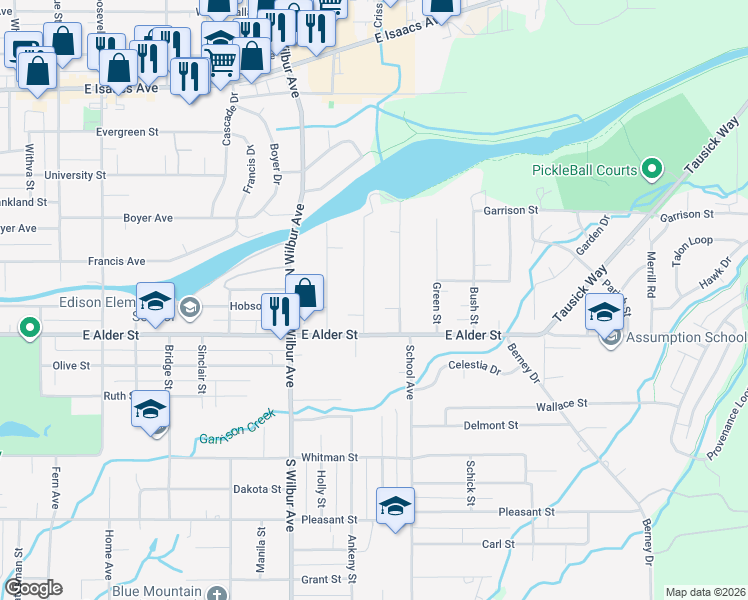 map of restaurants, bars, coffee shops, grocery stores, and more near 1705 East Alder Street in Walla Walla