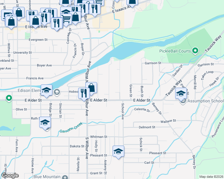 map of restaurants, bars, coffee shops, grocery stores, and more near 1705 East Alder Street in Walla Walla