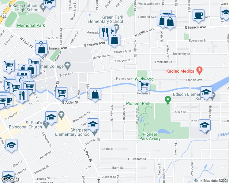 map of restaurants, bars, coffee shops, grocery stores, and more near 49 South Clinton Street in Walla Walla