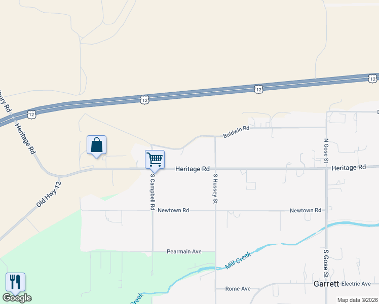 map of restaurants, bars, coffee shops, grocery stores, and more near 545 Baldwin Road in Walla Walla