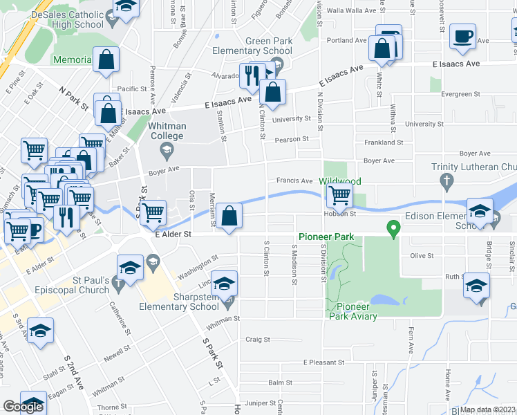 map of restaurants, bars, coffee shops, grocery stores, and more near 735 Hobson Street in Walla Walla