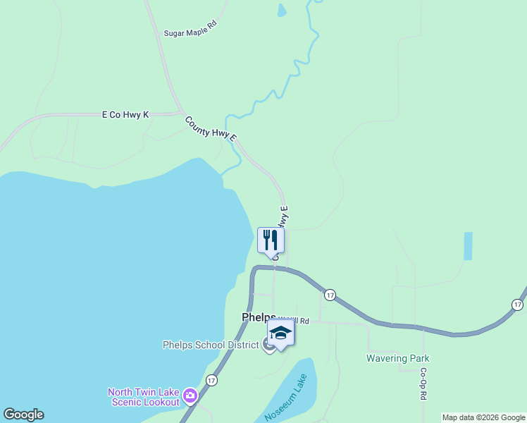 map of restaurants, bars, coffee shops, grocery stores, and more near 4563 CTH East in Phelps