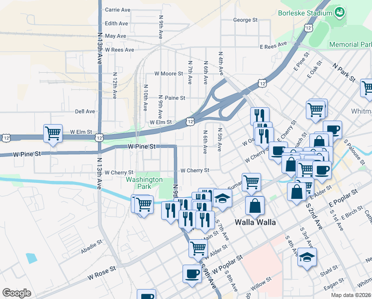 map of restaurants, bars, coffee shops, grocery stores, and more near 510 North 7th Avenue in Walla Walla
