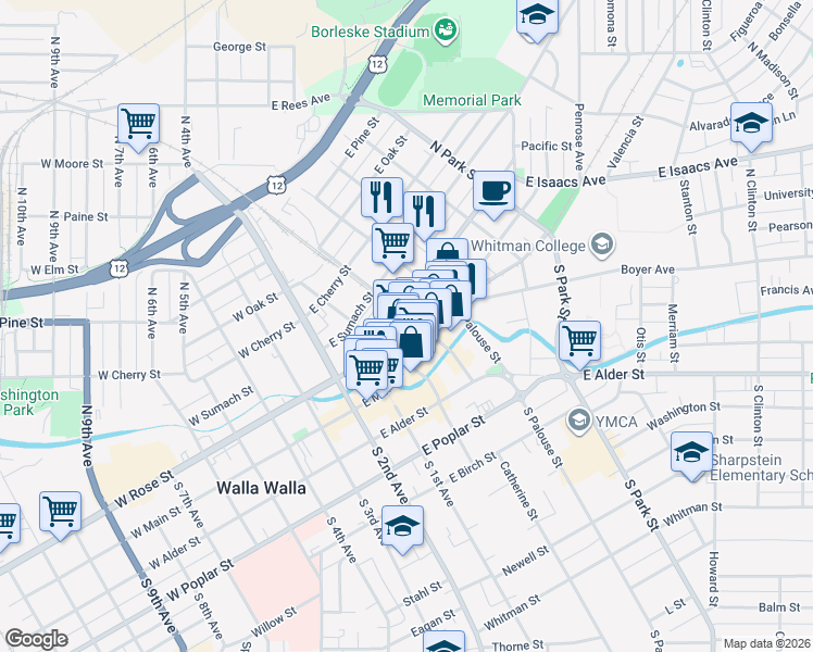 map of restaurants, bars, coffee shops, grocery stores, and more near 9 North Spokane Street in Walla Walla