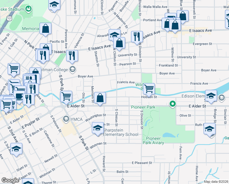 map of restaurants, bars, coffee shops, grocery stores, and more near 29 South Clinton Street in Walla Walla