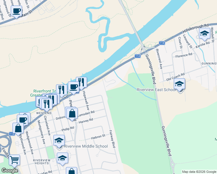 map of restaurants, bars, coffee shops, grocery stores, and more near 200 New Brunswick 114 in Riverview