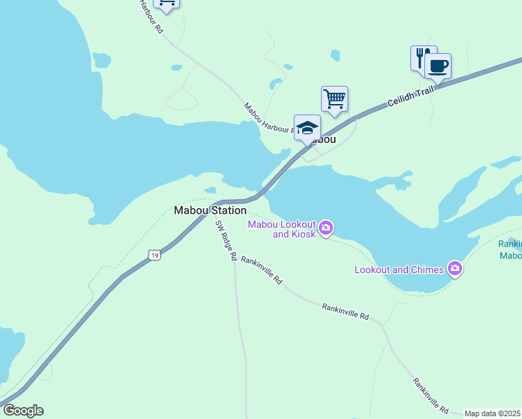 map of restaurants, bars, coffee shops, grocery stores, and more near 11420 Highway 19 in Mabou Station