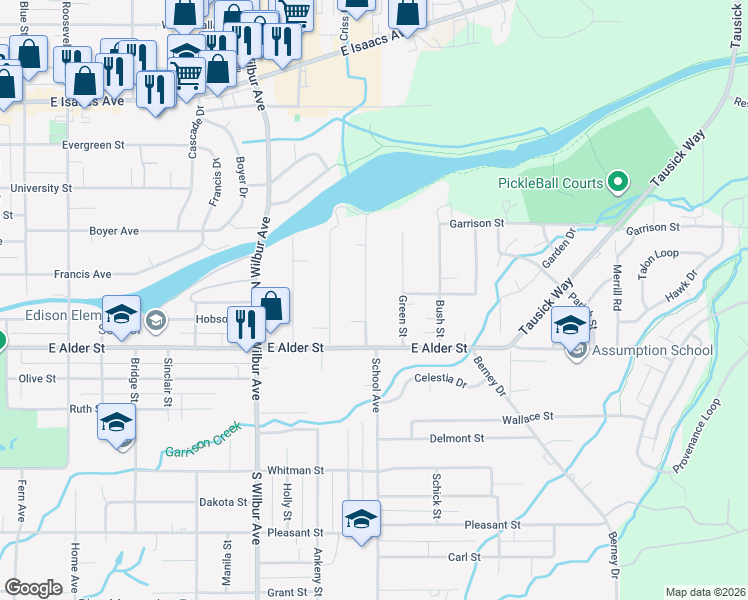 map of restaurants, bars, coffee shops, grocery stores, and more near 205 Union Street in Walla Walla