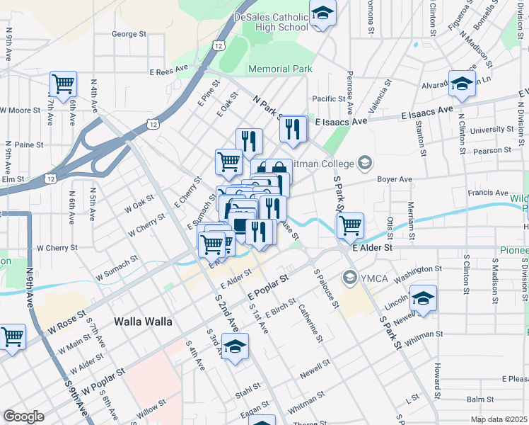 map of restaurants, bars, coffee shops, grocery stores, and more near 230 East Main Street in Walla Walla