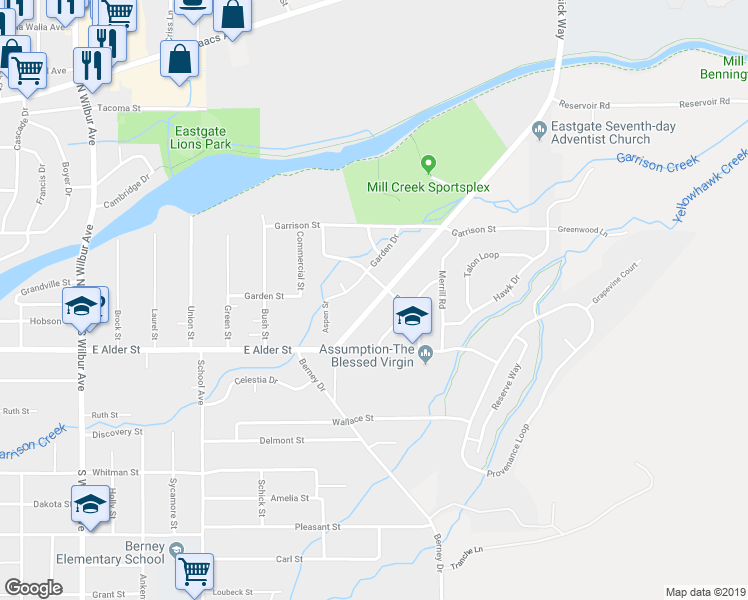 map of restaurants, bars, coffee shops, grocery stores, and more near 224 South Tausick Way in Walla Walla