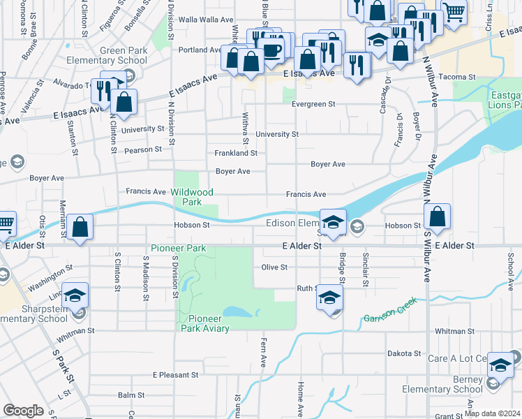 map of restaurants, bars, coffee shops, grocery stores, and more near 1104 Francis Avenue in Walla Walla