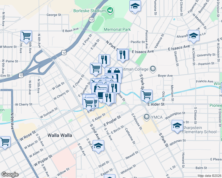 map of restaurants, bars, coffee shops, grocery stores, and more near 230 East Main Street in Walla Walla
