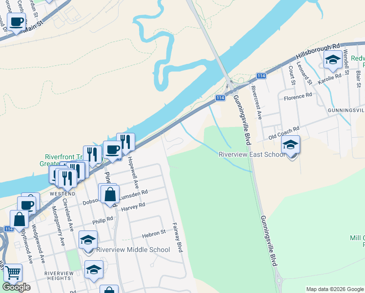 map of restaurants, bars, coffee shops, grocery stores, and more near 200 New Brunswick 114 in Riverview