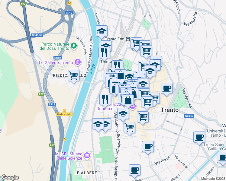 map of restaurants, bars, coffee shops, grocery stores, and more near 5 Via Torre Vanga in Trento