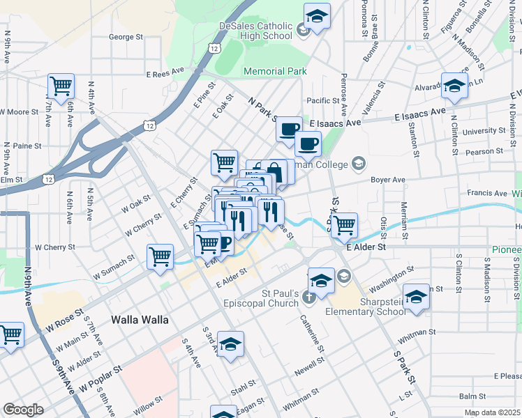 map of restaurants, bars, coffee shops, grocery stores, and more near 230 East Main Street in Walla Walla