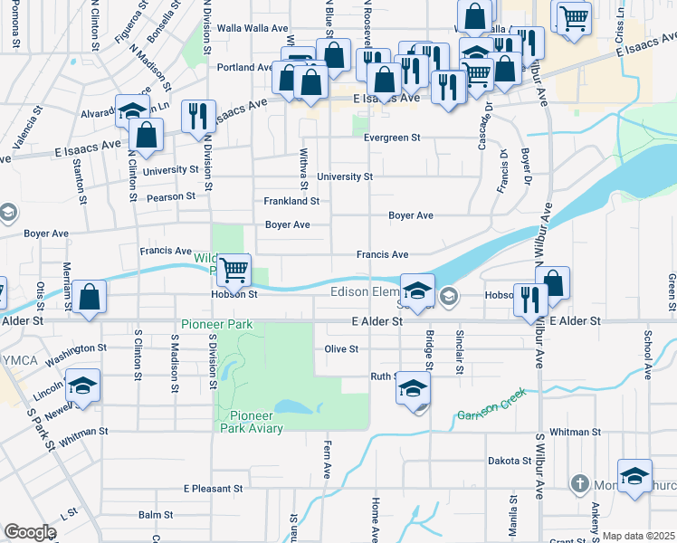 map of restaurants, bars, coffee shops, grocery stores, and more near 1104 Francis Avenue in Walla Walla
