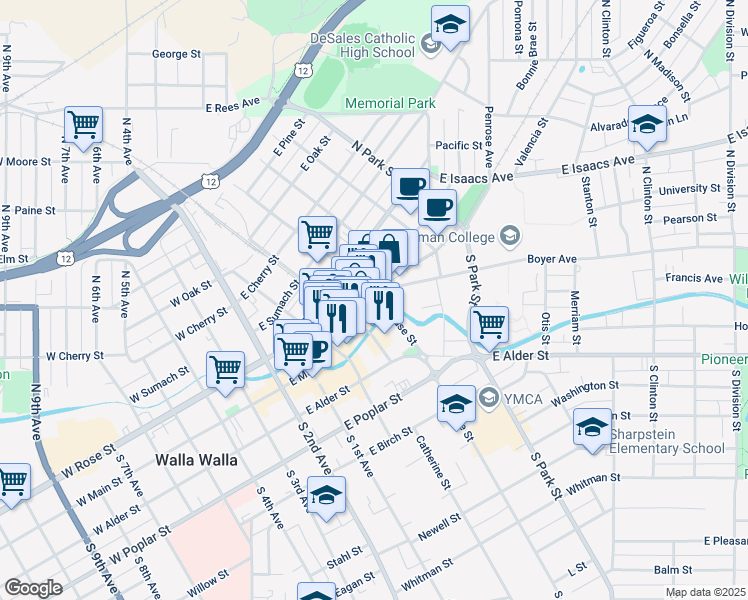 map of restaurants, bars, coffee shops, grocery stores, and more near 230 East Main Street in Walla Walla