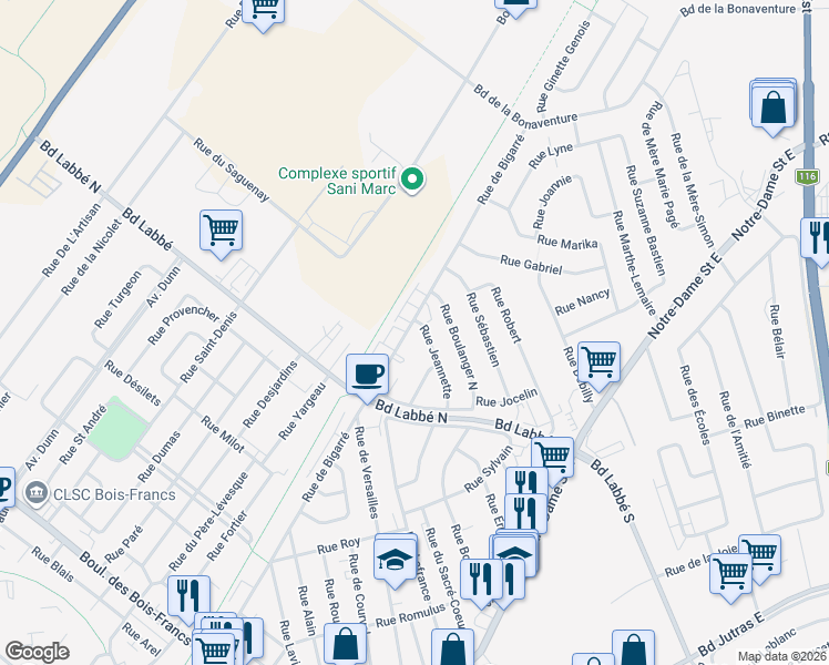 map of restaurants, bars, coffee shops, grocery stores, and more near 459 Rue de Bigarré in Victoriaville