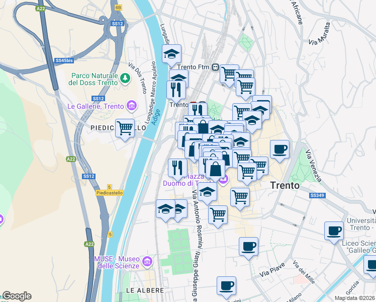 map of restaurants, bars, coffee shops, grocery stores, and more near 5 Via Torre Vanga in Trento