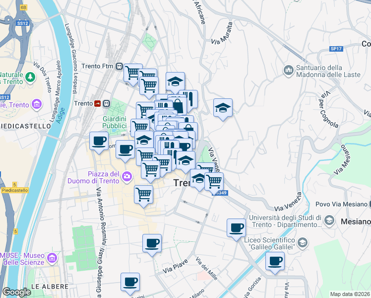 map of restaurants, bars, coffee shops, grocery stores, and more near 11 Via Livio Marchetti in Trento