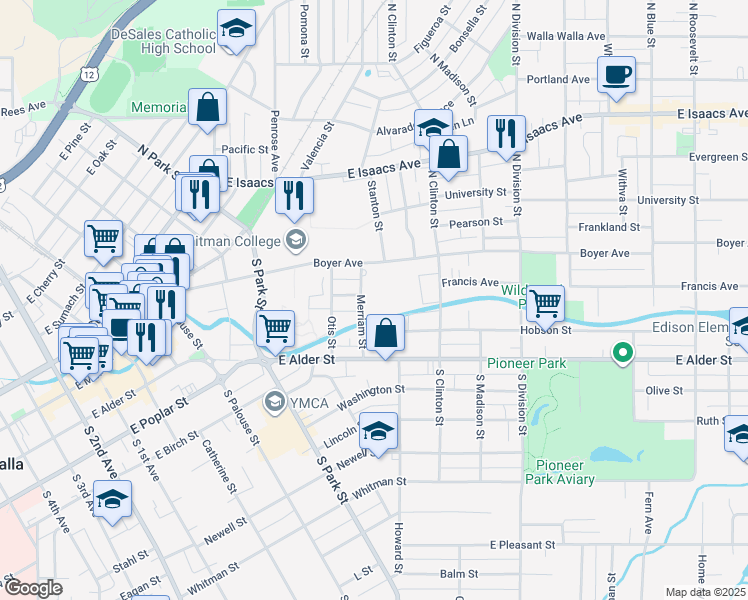 map of restaurants, bars, coffee shops, grocery stores, and more near 103 Merriam Street in Walla Walla