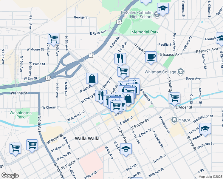 map of restaurants, bars, coffee shops, grocery stores, and more near 105 East Sumach Street in Walla Walla