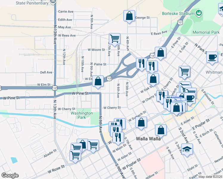 map of restaurants, bars, coffee shops, grocery stores, and more near 510 North 7th Avenue in Walla Walla