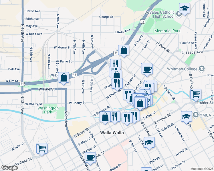 map of restaurants, bars, coffee shops, grocery stores, and more near 405 North 3rd Avenue in Walla Walla
