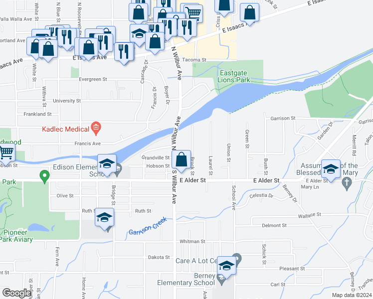 map of restaurants, bars, coffee shops, grocery stores, and more near 162 Brock Street in Walla Walla