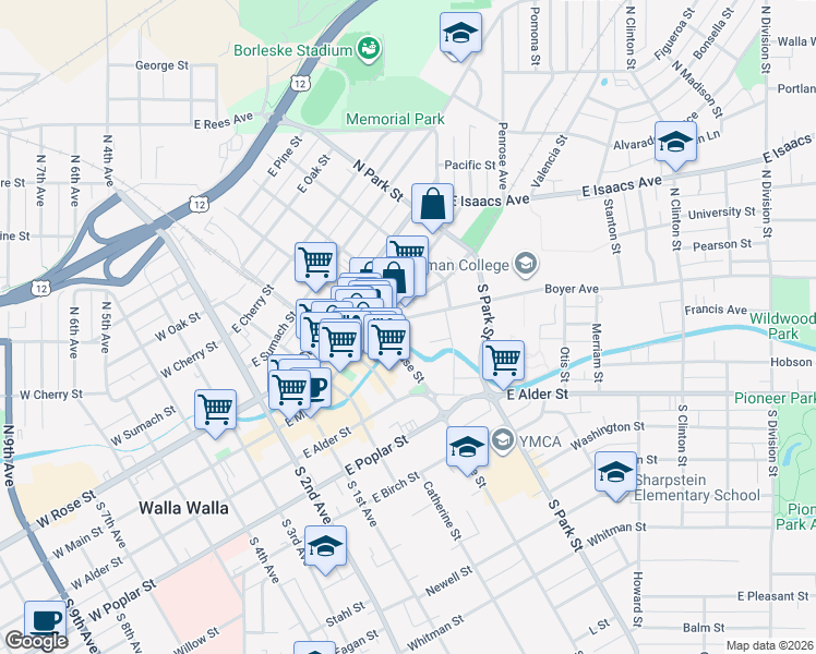 map of restaurants, bars, coffee shops, grocery stores, and more near 22 Boyer Avenue in Walla Walla