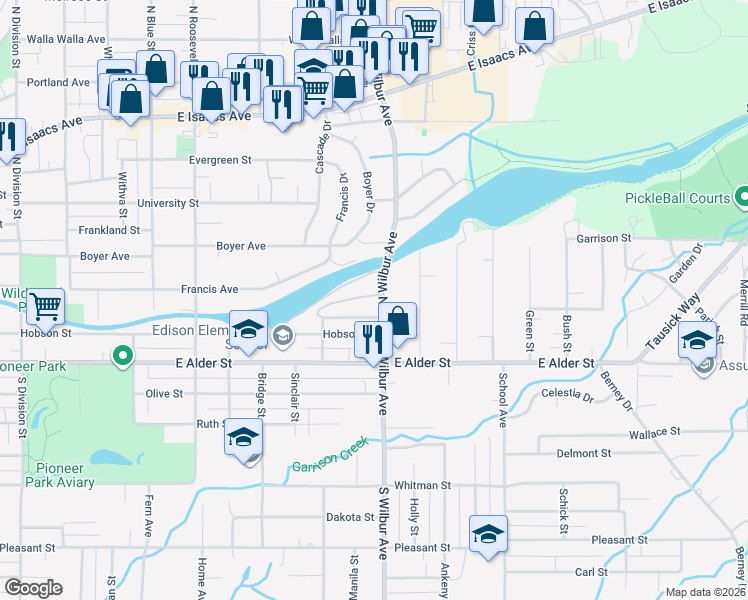 map of restaurants, bars, coffee shops, grocery stores, and more near 150 South Wilbur Avenue in Walla Walla