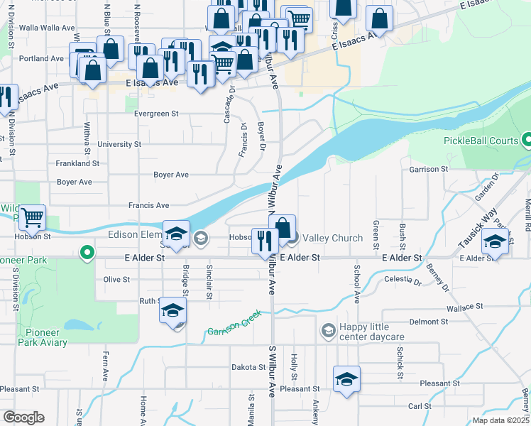 map of restaurants, bars, coffee shops, grocery stores, and more near 150 South Wilbur Avenue in Walla Walla