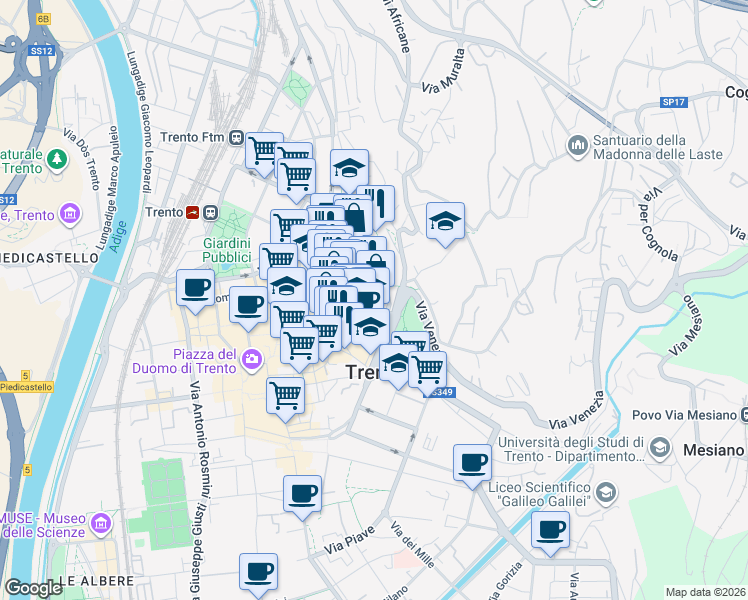map of restaurants, bars, coffee shops, grocery stores, and more near 11 Via Livio Marchetti in Trento