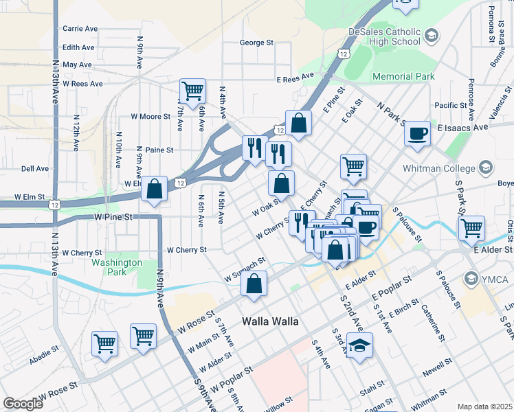 map of restaurants, bars, coffee shops, grocery stores, and more near 405 North 3rd Avenue in Walla Walla
