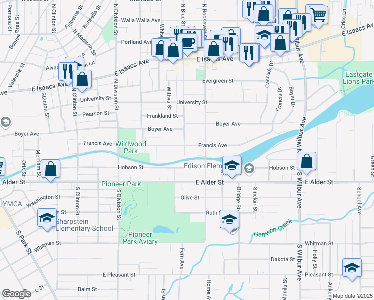 map of restaurants, bars, coffee shops, grocery stores, and more near 1104 Francis Avenue in Walla Walla