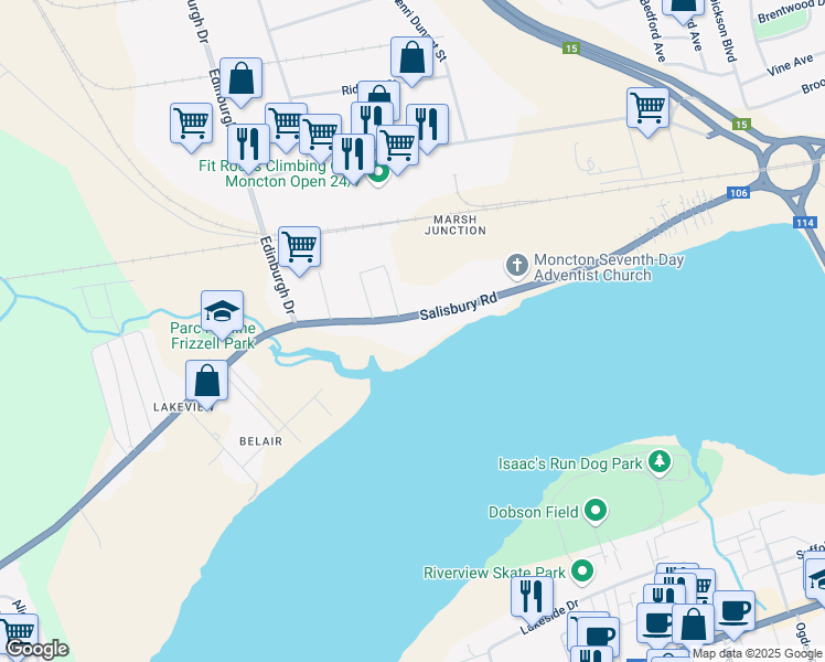 map of restaurants, bars, coffee shops, grocery stores, and more near 250 Salisbury Road in Moncton