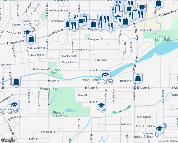map of restaurants, bars, coffee shops, grocery stores, and more near 109 South Roosevelt Street in Walla Walla